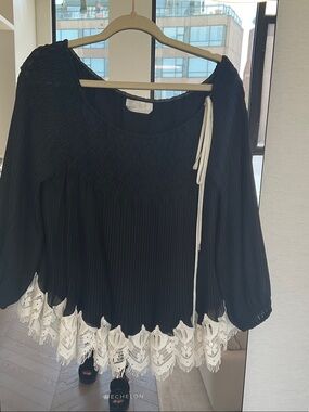 Chloe Black Blouse with Cream Lace Hem